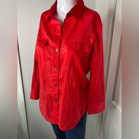 THEORY L Vibrant Sheer Red Button-Up Shirt - Picture 3 of 13